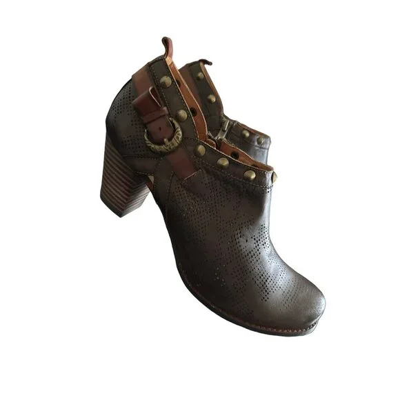 L'ARTISTE KACIE BROWN LEATHER STUDDED PUMP BLOCK HEEL & ZIPPER SIZE 41/10.5 - Picture 4 of 10